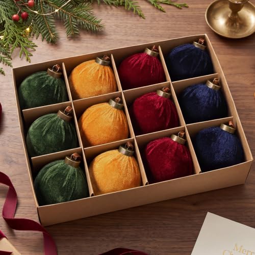Velvet Christmas Ornaments Set - 12 Assorted 3.5-Inch Holiday Tree Decorations