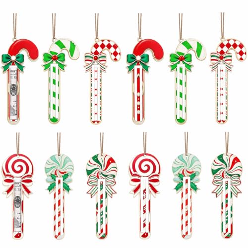 12Pcs Candy Cane Christmas Money Holder Ornaments - Wooden Holiday Gift Decor