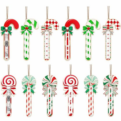 12Pcs Candy Cane Christmas Money Holder Ornaments - Wooden Holiday Gift Decor