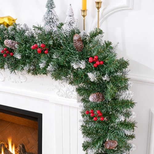9FT Pre-Lit Christmas Garland with Lights, Realistic Greenery & Red Berries - 1 Pcs