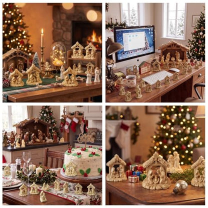 Jesus Birth Nativity Scene Set - Beige Mini Resin Figurines, 60 Pieces