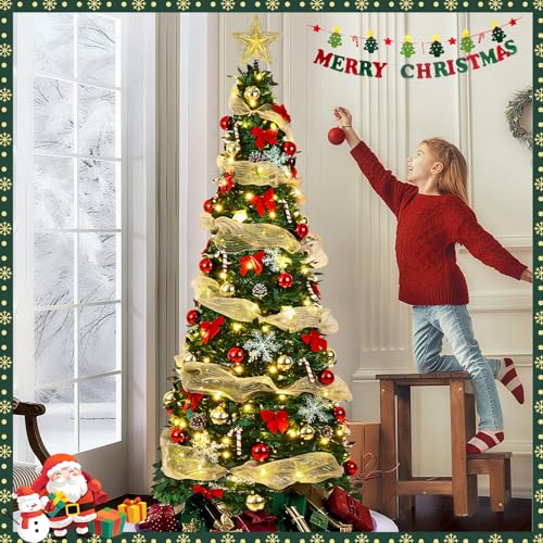 Pre-Lit 6FT Artificial Christmas Tree with Ornaments & Remote Control