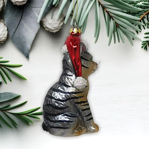 Adorable Tabby Cat with Santa Hat Glass Christmas Ornament - Seasonal Decor