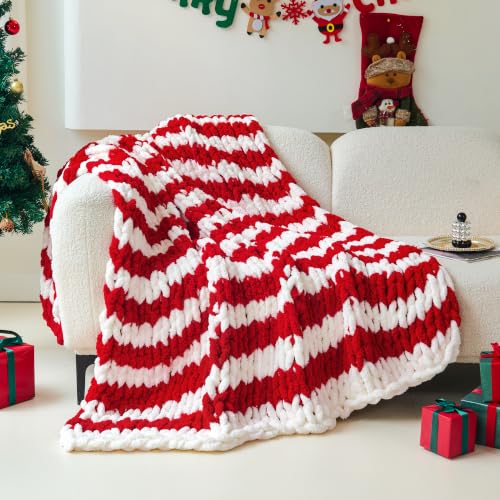 Christmas Red White Chunky Knit Blanket Throw 51x63 Inches for Couch