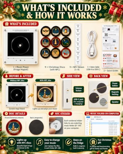 Christmas Mini Vinyl Record Player Fridge Magnet Set with NFC & LED