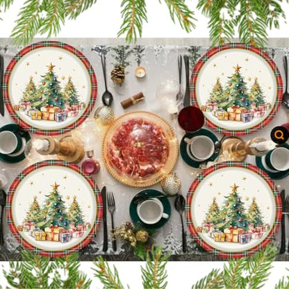 Christmas Paper Plates Set - 25 Disposable Holiday Tableware with Plaid Tree Print