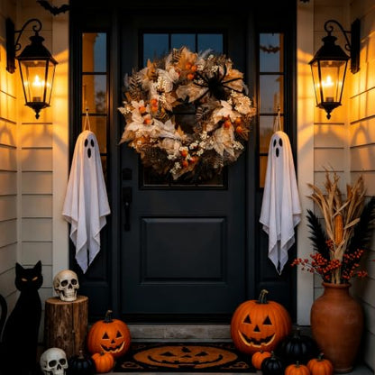 Halloween Front Door Wreath with Spider and Maple Leaves - 22 Inch