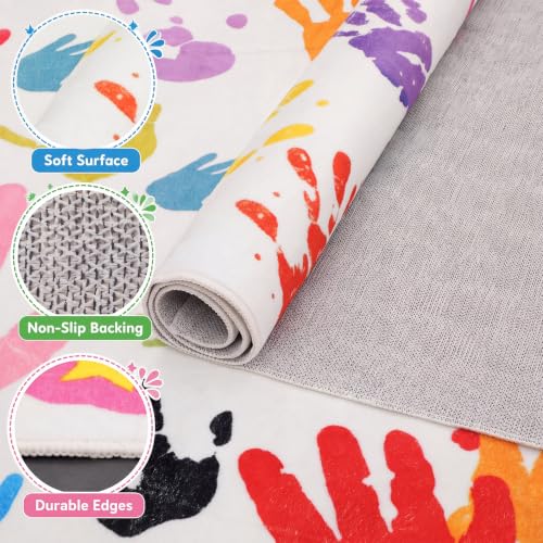 Colorful Handprints Classroom Rug 6x9 ft Washable Playroom Mat - Large Area Rug for School