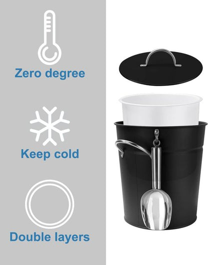 3Qt Black Galvanized Ice Bucket with Lid, Scoop & Handles - Ideal for Cocktails, Parties, BBQs, Wine & Champagne. Double-Layer Insulated Outer & Galvanized Inner Layer, Perfect for Home & Outdoor Use