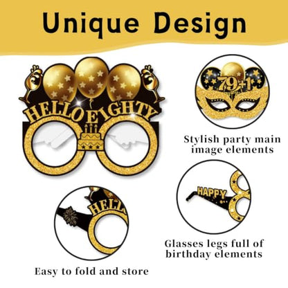 16PCS Gold 80th Birthday Glasses Photo Props Party Decorations