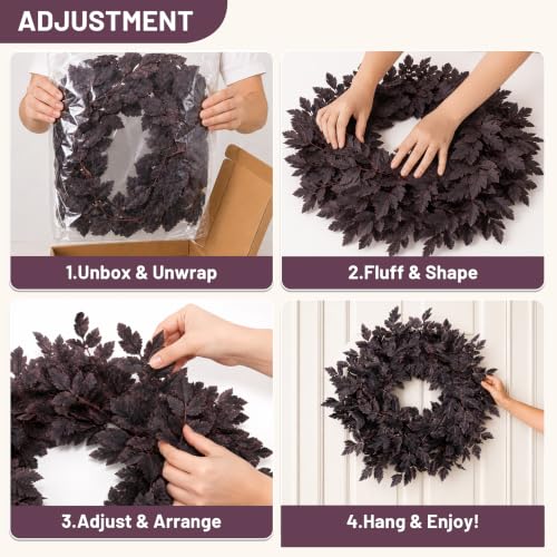 Fall Wreath for Front Door - 24 Inch Autumn Decor with Plum Leaves