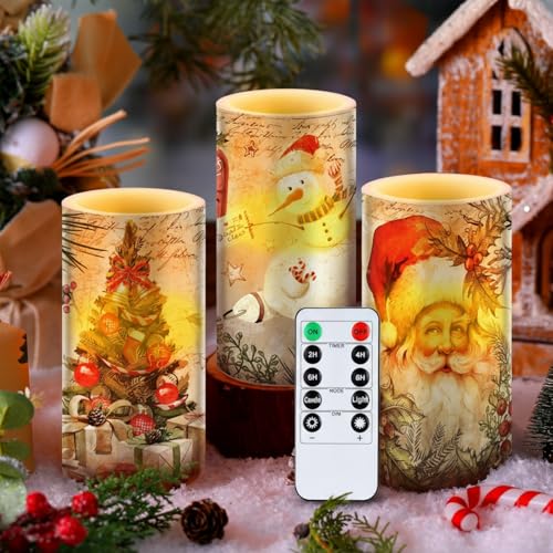 Retro Christmas Flameless Candles Set with Remote Timer - Real Wax LED Pillar Candles, White, 3 Pieces