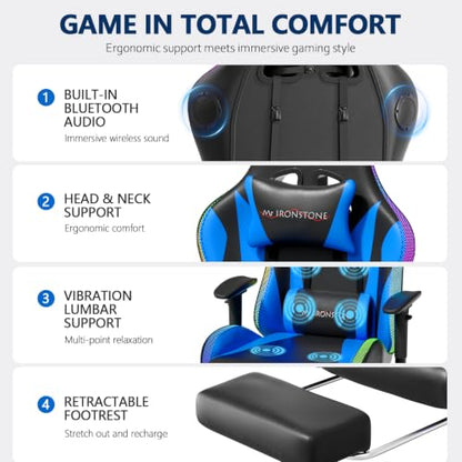 Mr IRONSTONE RGB Gaming Chair Black with Bluetooth Speakers & Massage