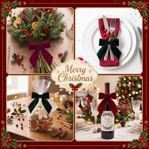 12 Pcs Velvet Christmas Bow Napkin Rings Burgundy & Dark Green Holiday Table Decor