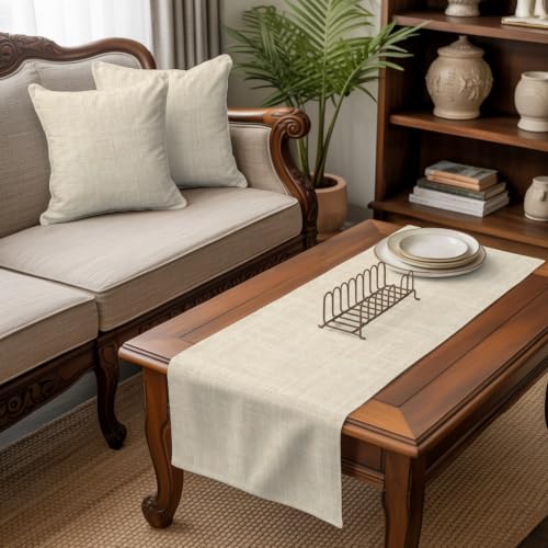 Cal King Bed Runner with Pillow Covers 102x20 Cream Linen Fabric Decorative Set