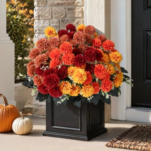 Artificial Fall Mums Flowers for Outdoors - 12 Bundles, UV Resistant, Realistic Faux Chrysanthemums - Multi Variation