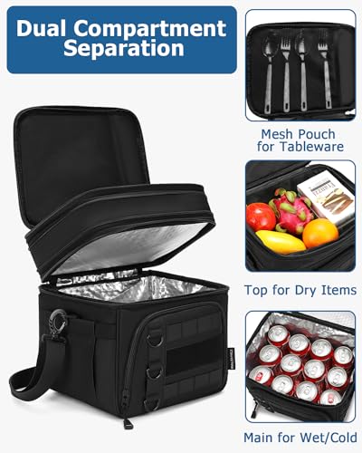 RalChyez Tactical Lunch Box for Men, Large Insulated Lunch Bag Expandable Double Deck Cooler Leakproof Waterproof Lunch Pail for Adult Women Work Office Shifts Picnic Travel Black