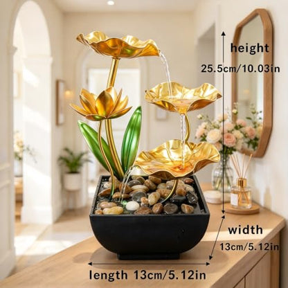Gold Tabletop Water Fountain with LED Light - Zen Desktop Decor, Indoor Fountain for Office & Home