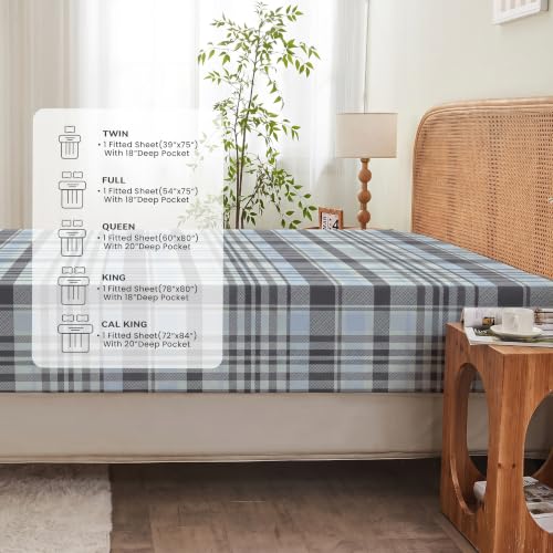 Deep Pocket King Fitted Sheet - Blue Gray Plaid, Fits 18 Inch Mattresses