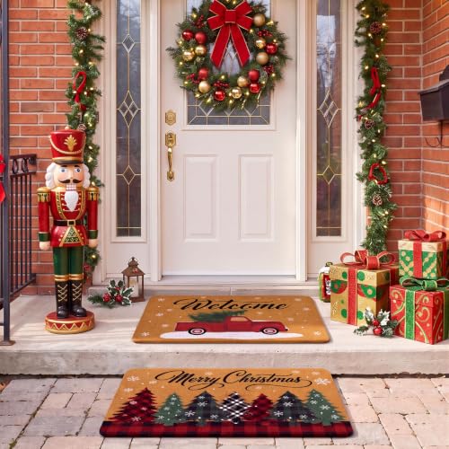Christmas Coir Door Mat - 2 Pcs Holiday Welcome Doormats with Rustic & Plaid Designs - Variation 3