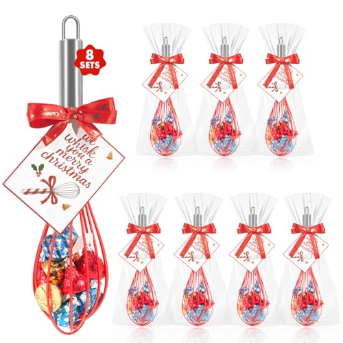 Christmas Red Silicone Whisk Gift Set - 8 Pack 10 Inch Kitchen Utensils with Greeting Cards & Ribbons