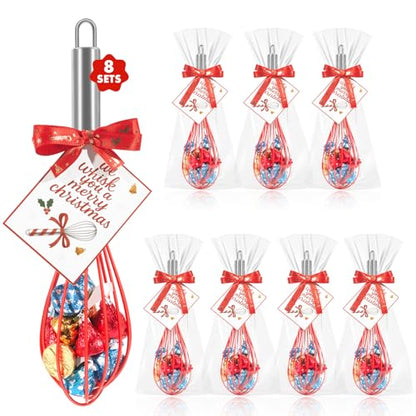 Christmas Red Silicone Whisk Gift Set - 8 Pack 10 Inch Kitchen Utensils with Greeting Cards & Ribbons