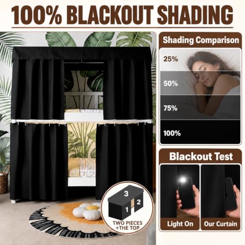 Blackout Bunk Bed Curtains for Dorms and Top Bunk Beds - Privacy & Light Blocker