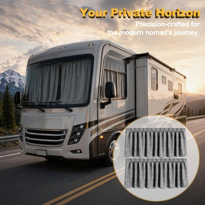 Grey RV Windshield Curtain Set 2 Pieces Blackout Privacy Window Cover with Tiebacks, Thick Linen Fabric, Easy Install