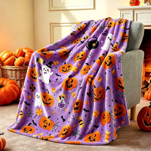 Halloween Throw Blanket Soft Flannel Ghost Pumpkin Decor for Couch Bed - Purple Pumpkin & Ghosts 40x50