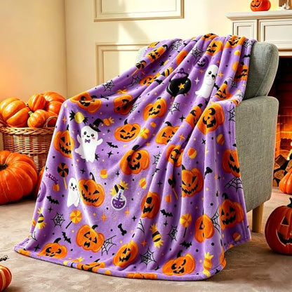 Halloween Throw Blanket Soft Flannel Ghost Pumpkin Decor for Couch Bed - Purple Pumpkin & Ghosts 40x50