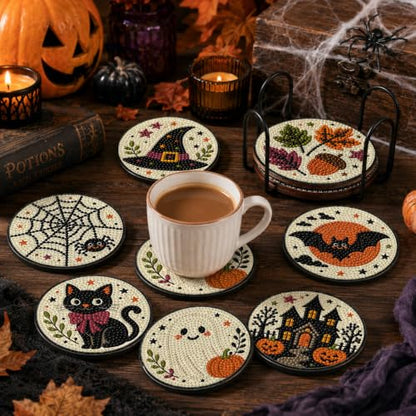 Halloween Diamond Art Coasters Set with Holder - Ghost Pumpkin Black Cat - DIY Wooden Craft Kit - Halloween Decorations & Gifts - Halloween-2