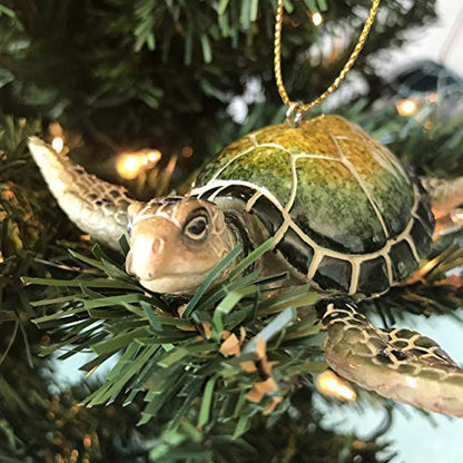 Set of 2 Coastal Christmas Ornaments - Green Sea Turtle & Red Seahorse Decor