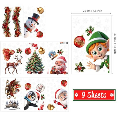 Christmas Window Clings Set - Peeking Santa & Snowflakes Reusable Peel & Stick Decorations, 149 Pcs