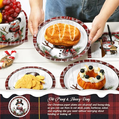 Homlouue Snowman Christmas Paper Plate and Napkin Set - 50 9-Inch Heavy Duty Disposable Dinner Plates for Holiday Party - Variation of Snowman