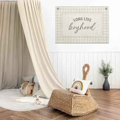 Long Live Boyhood Banner ? Boy Room Decor Linen Banner Hanging Flag Retro Pink for Nursery Playroom Wall Art Decor for Kids Bedroom Dorm Toddler Decorations (Green Plaid1)