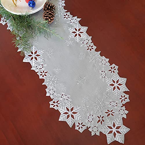 Christmas Snowflake Embroidered Silver Table Runner 14x108 Inches - Winter Holiday Decor