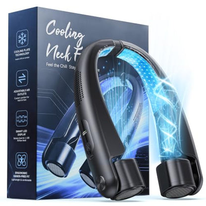 Portable Neck Fan Black with Cooling Plates, 6000mAh Rechargeable, 1-100 Speed