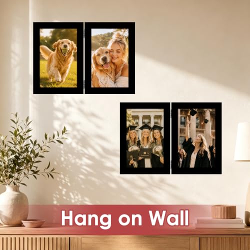 FIXSMITH 4x6 Double Hinged Picture Frame Set - Black Wall & Desk Photo Display