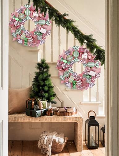 Pink & Green Christmas Wreath with Candies and Gold Bow - 20 Inch Holiday Door Decor - Variation of Pink Green
