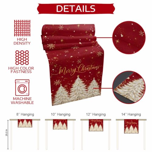 Christmas Tree Table Runner 72 Inches Long - Red Gold Beige Xmas Decor, Snowflake Sparkle Cotton Linen
