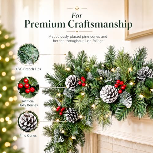 9ft Flocked Artificial Christmas Garland with Lights, Pre-Lit Snow-Frosted Decor