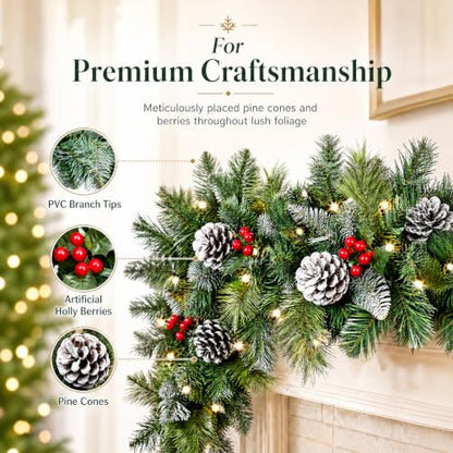 9ft Flocked Artificial Christmas Garland with Lights, Pre-Lit Snow-Frosted Decor