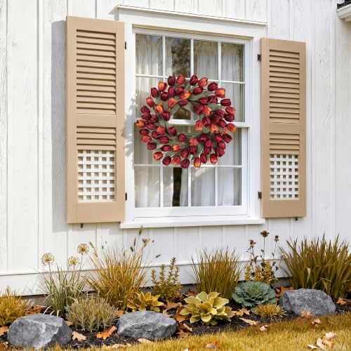 Wine Red Tulip Fall Wreath 24-Inch Front Door Decor - Fade-Resistant