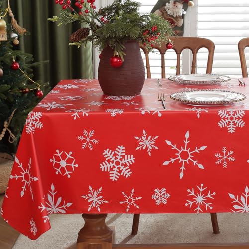 Christmas Red Snowflake Vinyl Tablecloth 70x52 Inches Waterproof Holiday Decor