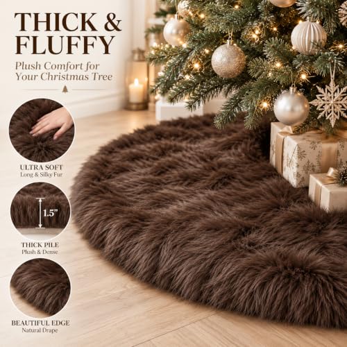 36 Inch Christmas Tree Skirt - Brown Faux Fur Plush Holiday Decor