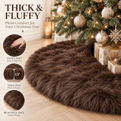36 Inch Christmas Tree Skirt - Brown Faux Fur Plush Holiday Decor