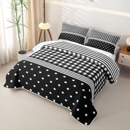 Black Buffalo Plaid Full Quilt Set with Polka Dot Bedding - Bedspread Coverlet for Girls Boys - Black / Full