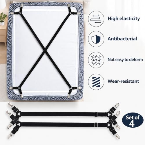 Black Adjustable Sheet Straps - Fitted Sheet Clips for Bed Sheets - 4 Pack