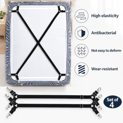 Black Adjustable Sheet Straps - Fitted Sheet Clips for Bed Sheets - 4 Pack