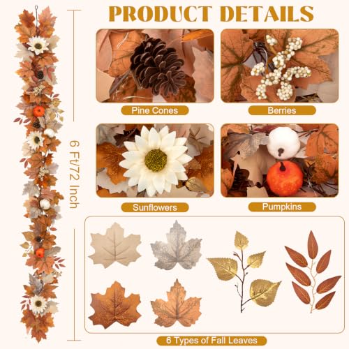 Lighted Fall Garland with Sunflowers Pumpkins and Warm Lights - 6 Feet